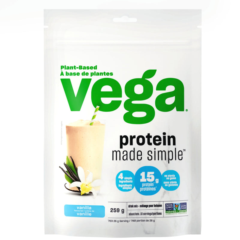 Buy Now! Vega Protein made Simple (10 servings) Vanilla. While both protein powders offer 15g of plant-based protein per serving, Vega® Protein Made Simple is our most, well, simple shake with 8 or less ingredients.