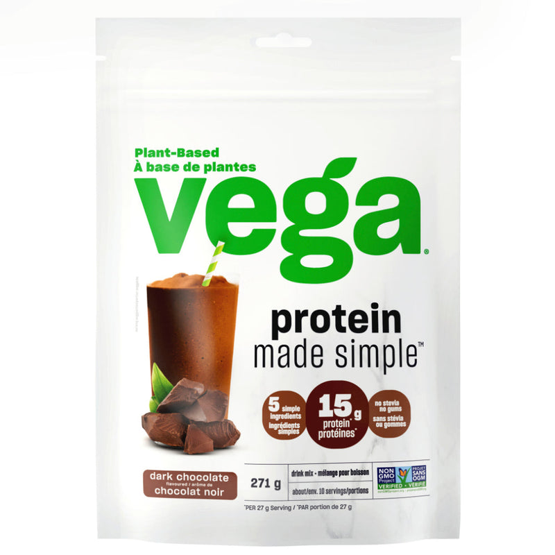 Buy Now! Vega Protein made Simple (10 servings) Dark Chocolate. While both protein powders offer 15g of plant-based protein per serving, Vega® Protein Made Simple is our most, well, simple shake with 8 or less ingredients.