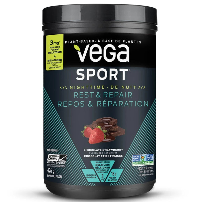 Buy Now! Vega Sport Rest & Repair (426 g) Chocolate Strawberry. Optimize the way you train, sleep, and recover. Vega Sport® Nighttime Rest & Repair has 3mg non-habit-forming melatonin and 18g plant-based protein to help support muscle repair.