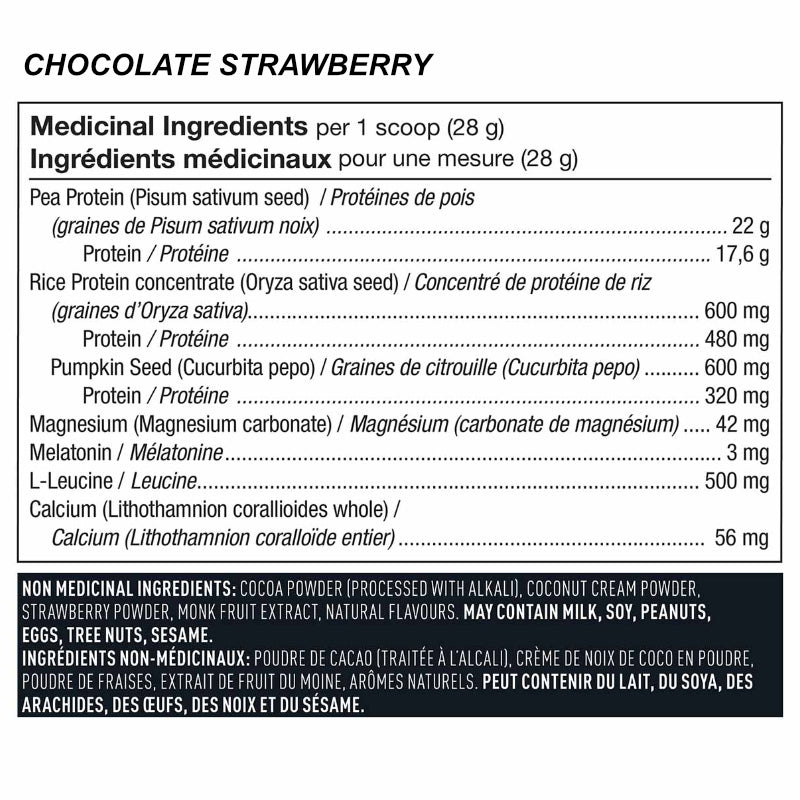 Vega Sport Rest & Repair (426 g) Chocolate Strawberry supplement facts. Optimize the way you train, sleep, and recover. Vega Sport® Nighttime Rest & Repair has 3mg non-habit-forming melatonin and 18g plant-based protein to help support muscle repair.