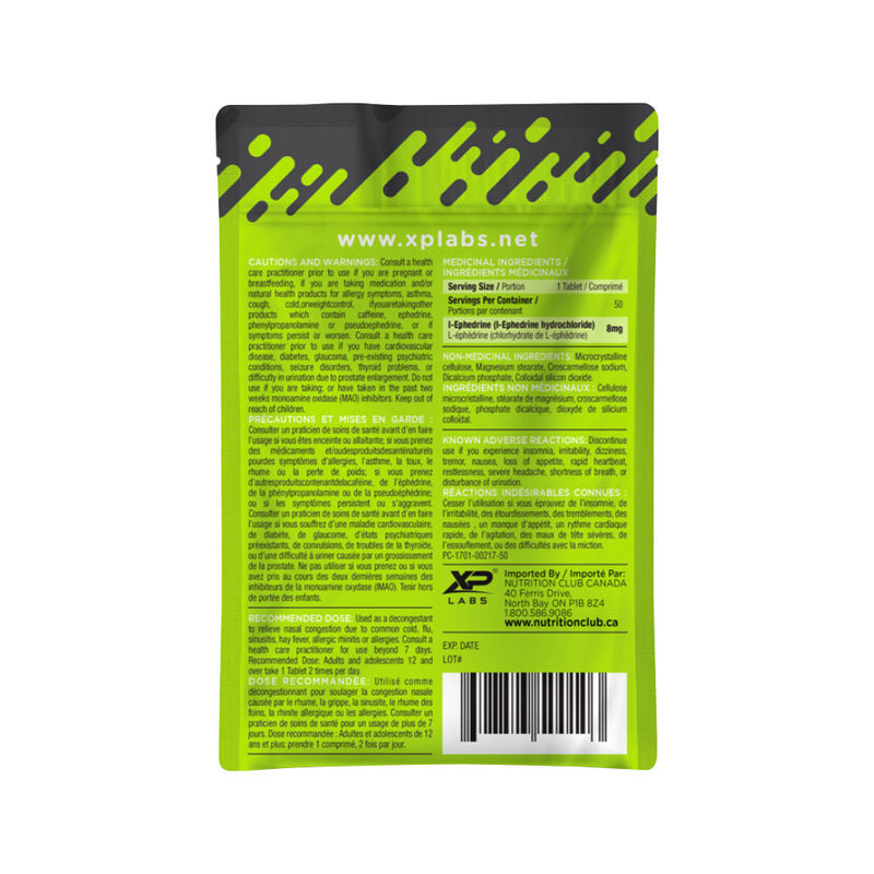 XP LABS Ephedrine Hydrochloride HCL back of the package information.