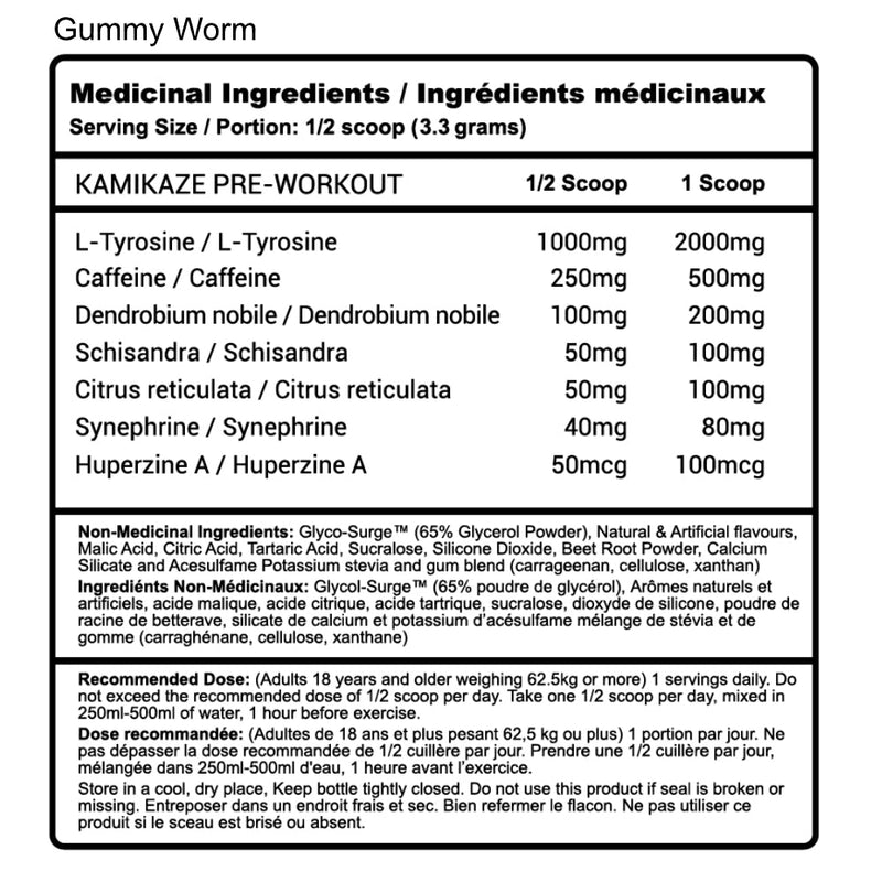 Advanced Genetics Kamikaze (40 servings) Gummy Worm Supplement facts of ingredients.
