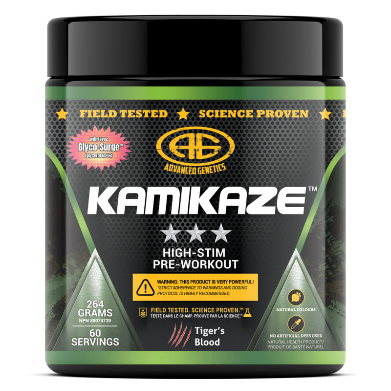Buy Now! Advanced Genetics Kamikaze (40 servings) Tiger's Blood. With 500mg of caffeine per full scoop, coupled with the most powerful stimulants and nootropics available, this is one pre-workout that will have you powering through any training session and putting your gym bros to shame.