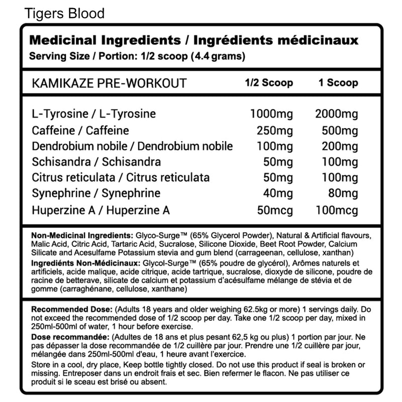 Advanced Genetics Kamikaze (40 servings) Tigers Blood Supplement facts of ingredients.