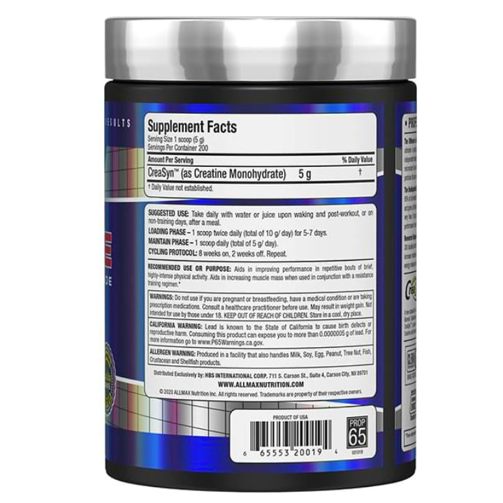 Allmax Nutrition creatine monohydrate 1000 g pure powder ingredients on the back of the bottle.
