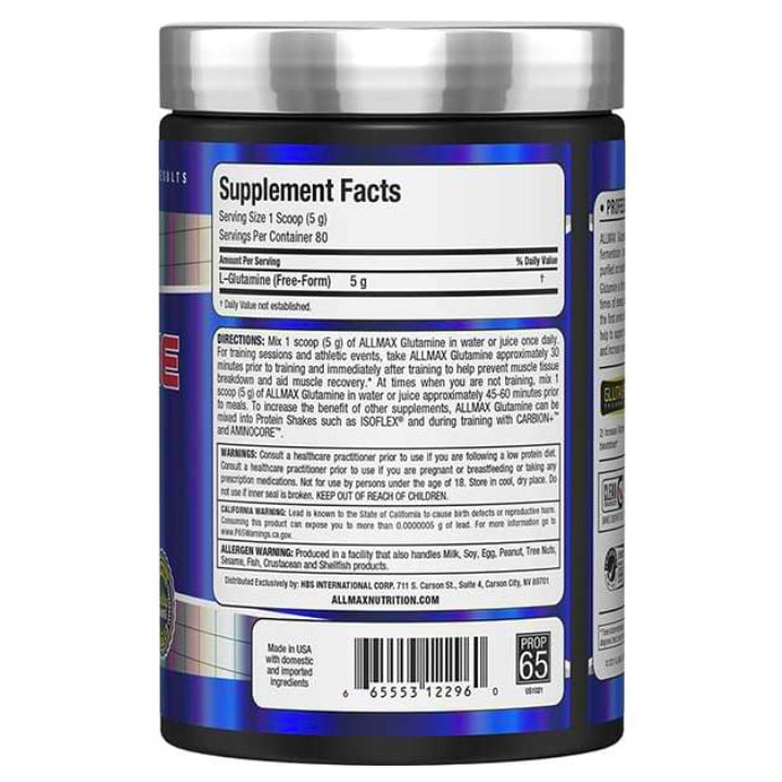 Allmax Nutrition Glutamine Powder 400 g ingredients and directions on the back of the bottle.  L-Glutamine to help with recovery and Immune function.