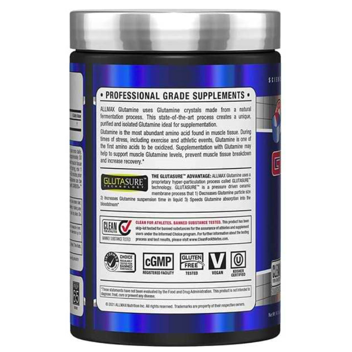 Allmax Nutrition Glutamine Powder 400 g information about the product on the back of the bottle.  L-Glutamine to help with recovery and Immune function.