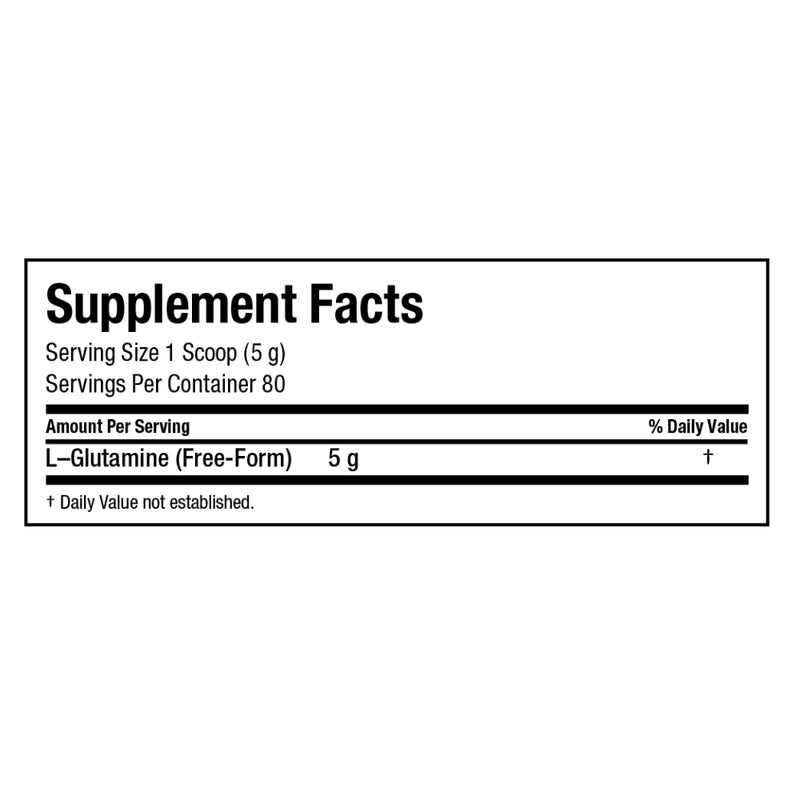 Allmax Nutrition Glutamine Powder 400 g supplement facts of ingredients.  L-Glutamine to help with recovery and Immune function.