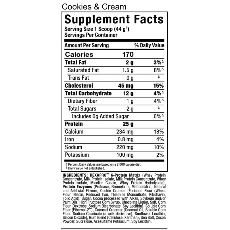 Allmax Nutrition Hexapro 5 lbs Cookies & Cream supplement facts of ingredients.
