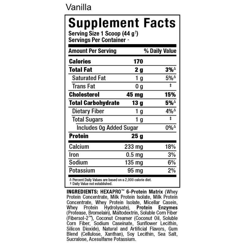 Allmax Nutrition Hexapro 5 lbs Vanilla supplement facts of ingredients.