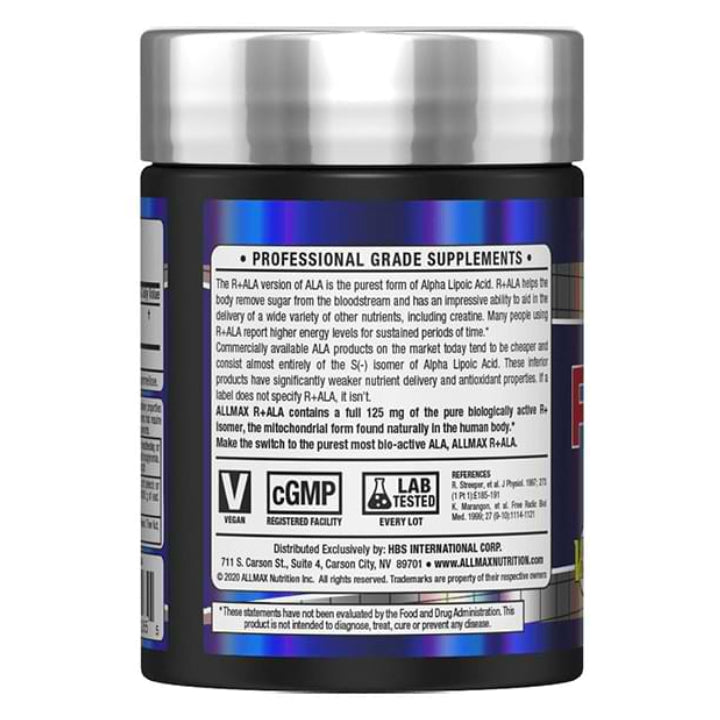 Allmax Nutrition R-ALA (60 caps) bottle information. ALA is also an extremely potent antioxidant, so powerful it is known as the Universal Antioxidant.