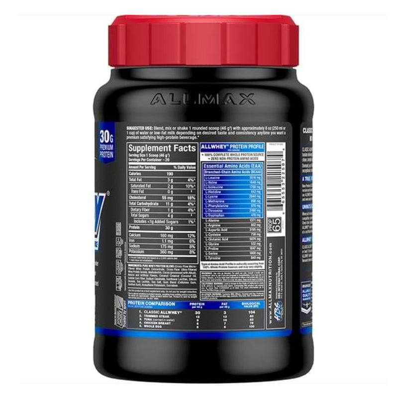 Allmax Nutrition Allwhey Classic 2 lbs pure whey protein blend back fo the bottle image