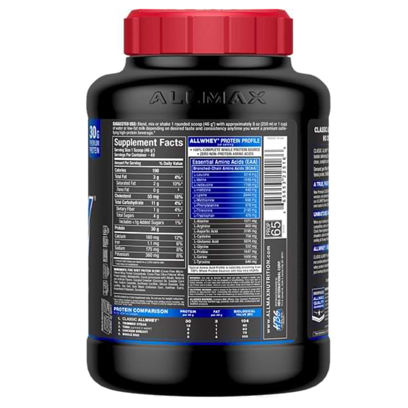 Allmax Nutrition Classic Allwhey Protein Powder 5 lbs image of the back of the bottle