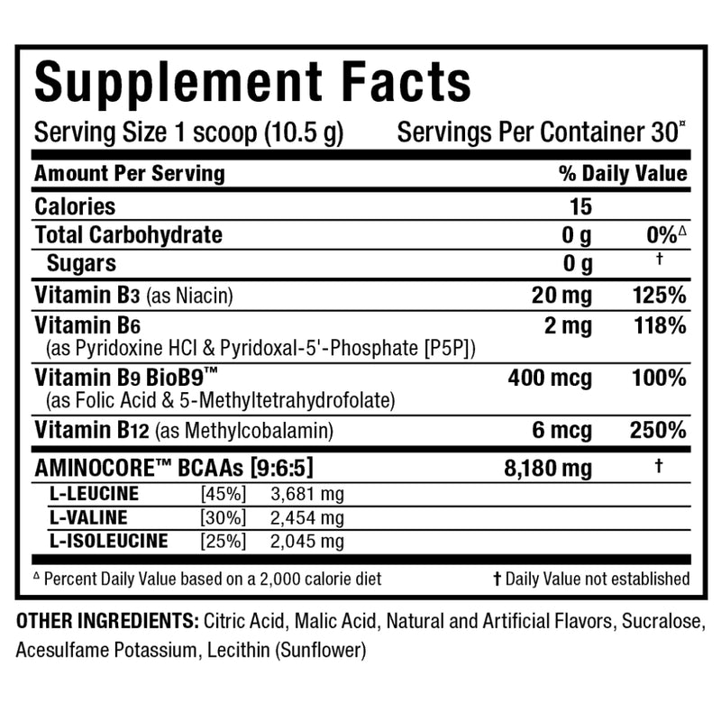 Allmax Nutrition Aminocore BCAA 30 servings Amino Acid Drink Mix ingredients supplement facts panel