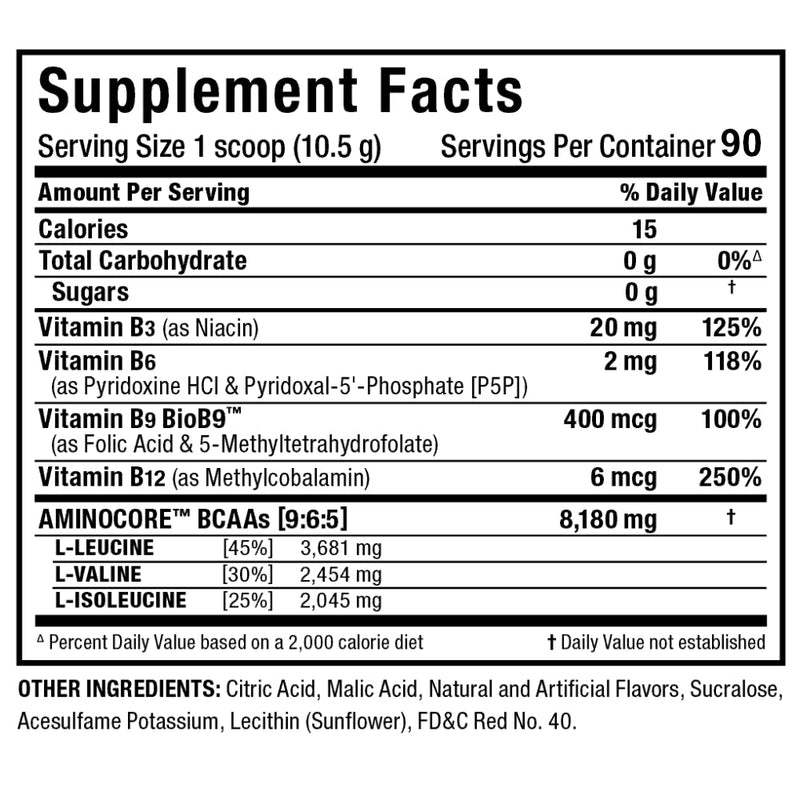 Allmax Nutrition AminoCore 90 Servings BCAA powder amino drink ingredients panel and supplement facts
