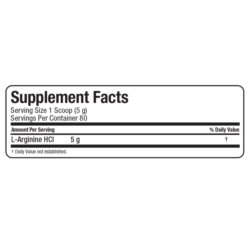 Allmax Nutrition arginine HCL 100% pure powder 400 g ingredients supplement facts back panel