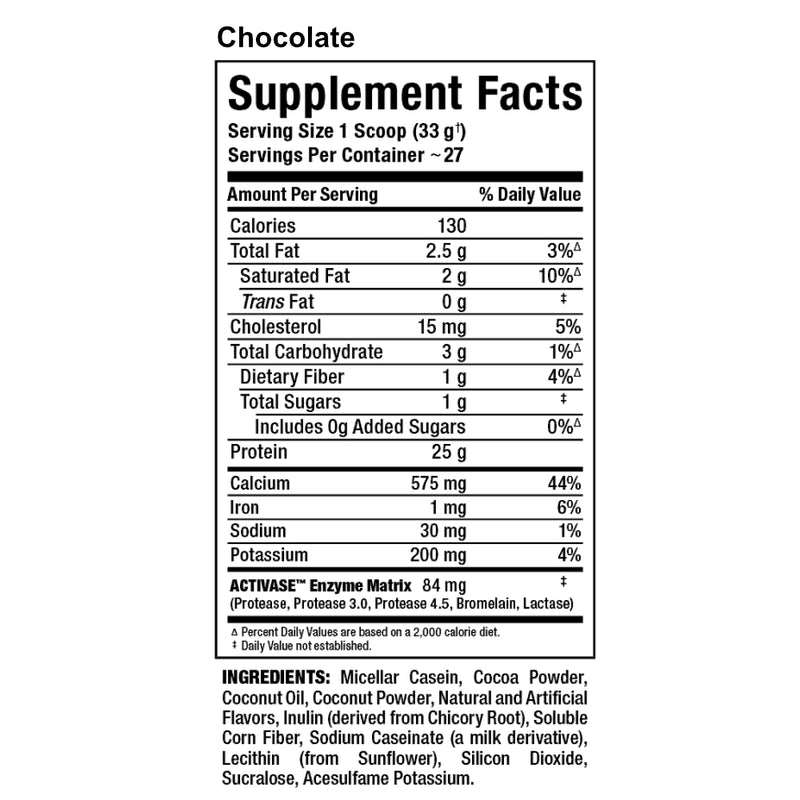 Allmax Nutrition Casein FX slow release (timed release) protein powder chocolate supplement facts