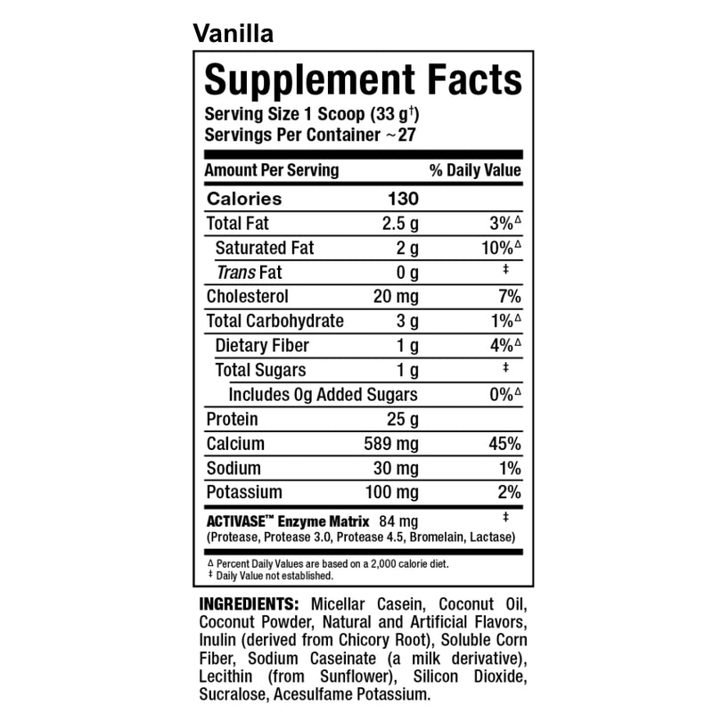 Allmax Nutrition Casein FX slow release (timed release) protein powder vanilla supplement facts