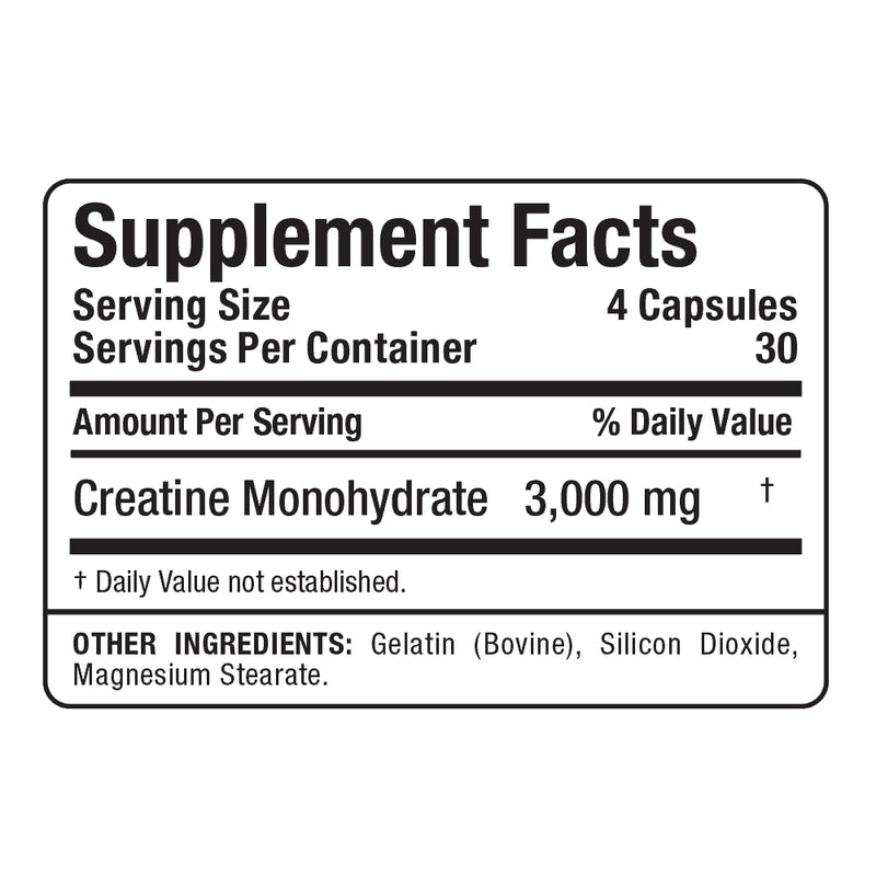 Allmax Nutrition Creatine 3000 (120 Caps) | creatine monohydrate ingredient panel with supplement facts.