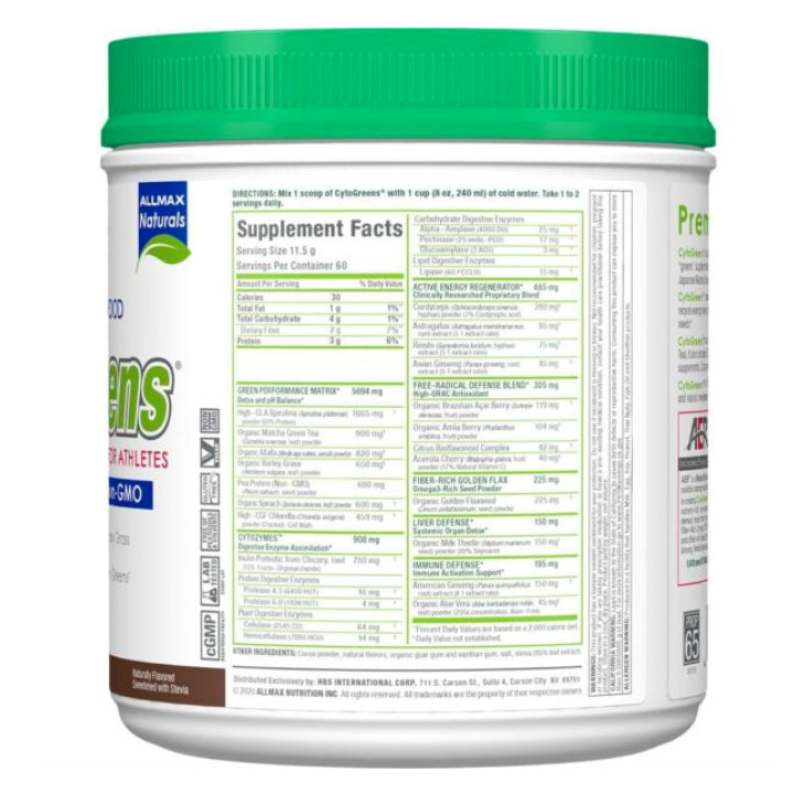 Allmax Nutrition CytoGreens 60 servings chocolate premium green superfood for athletes ingredients on the back of the bottle.