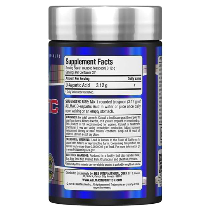Allmax Nutrition D-Aspartic Acid (DAA) 100g Powder ingredients on the back of the bottle.