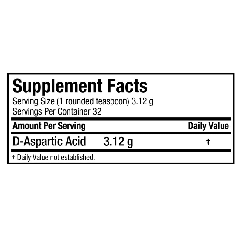 Allmax Nutrition D-Aspartic Acid (DAA) 100g Powder supplement facts of ingredients.