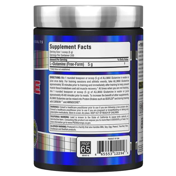 Allmax Nutrition Glutamine powder 1000 g back of the bottle ingredients and instructions image