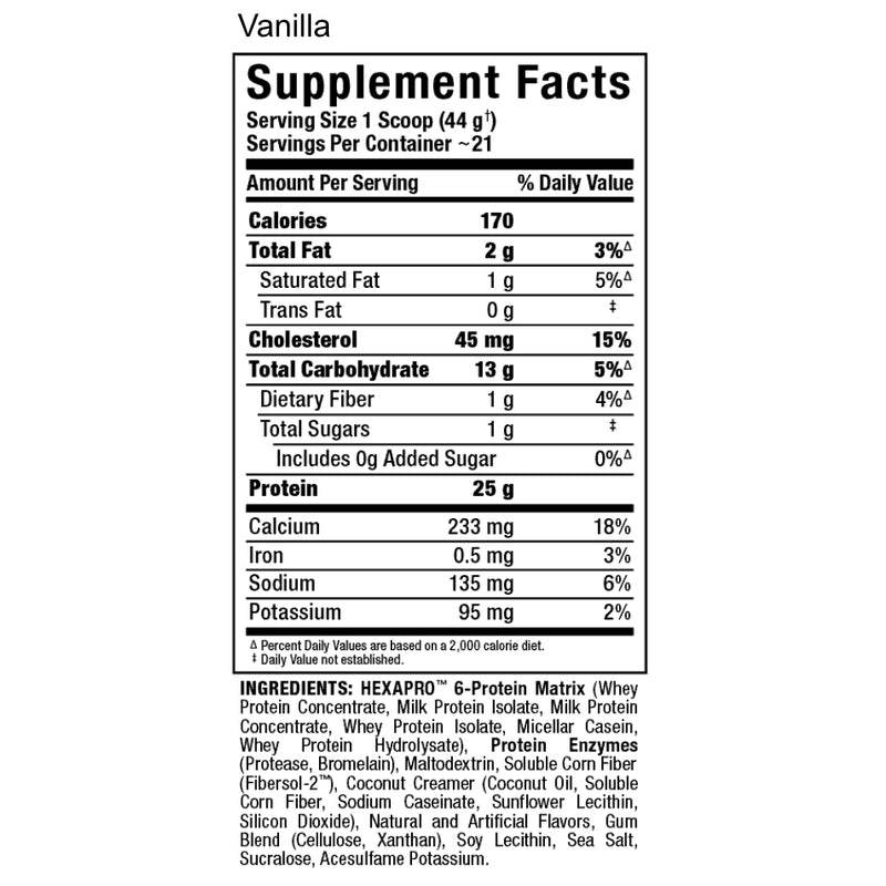 Allmax Nutrition Hexapro 2 lbs Vanilla Supplement Facts of ingredients.