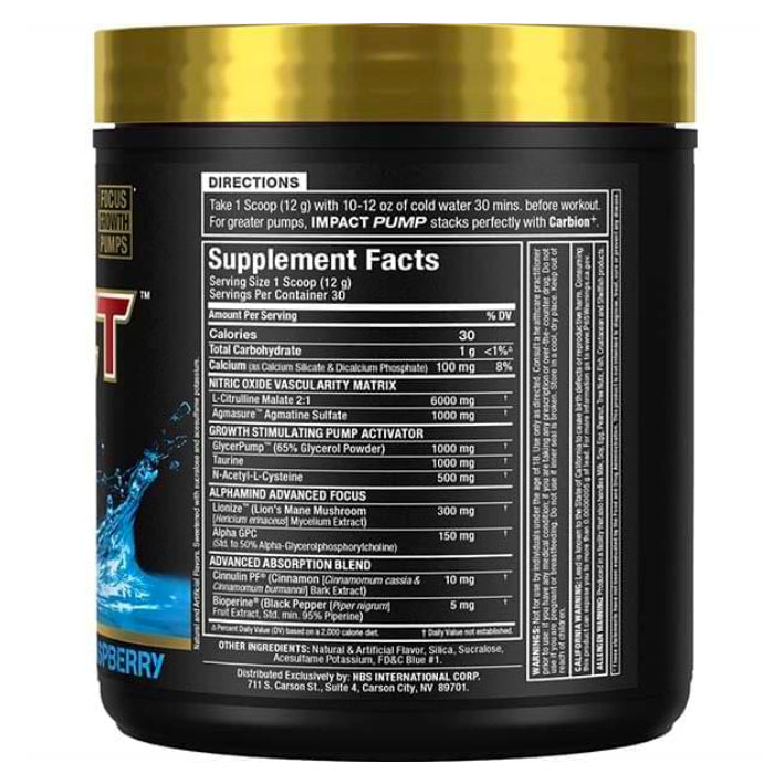 Allmax Nutrition Impact PUMP (30 servings) Blue Raspberry Stim Free Pre-workout ingredients on bottle.