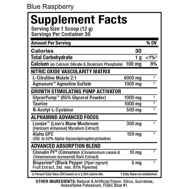Allmax Nutrition Impact PUMP (30 servings) Blue Raspberry Stim Free Pre-workout Supplement Facts of Ingredients.