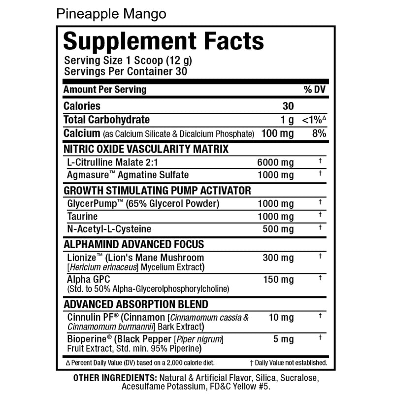 Allmax Nutrition Impact PUMP (30 servings) Pineapple Mango Stim Free Pre-workout Supplement Facts of Ingredients.