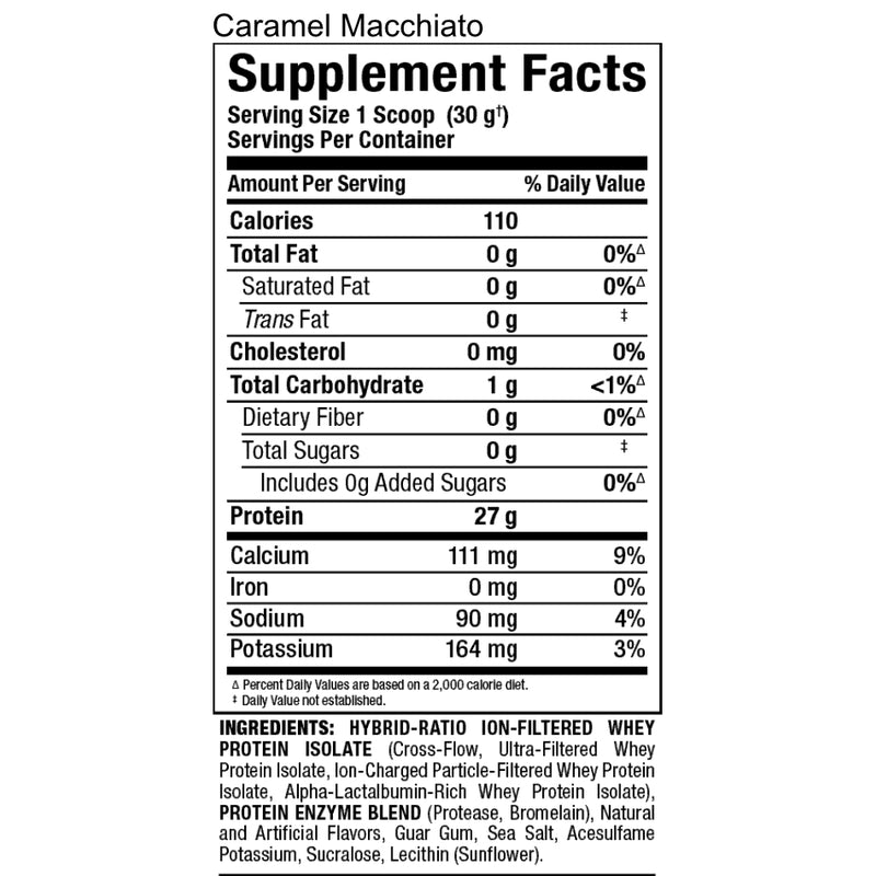 Allmax Nutrition Isoflex 2 lbs Caramel Macchiato protein powder supplement facts of ingredients.