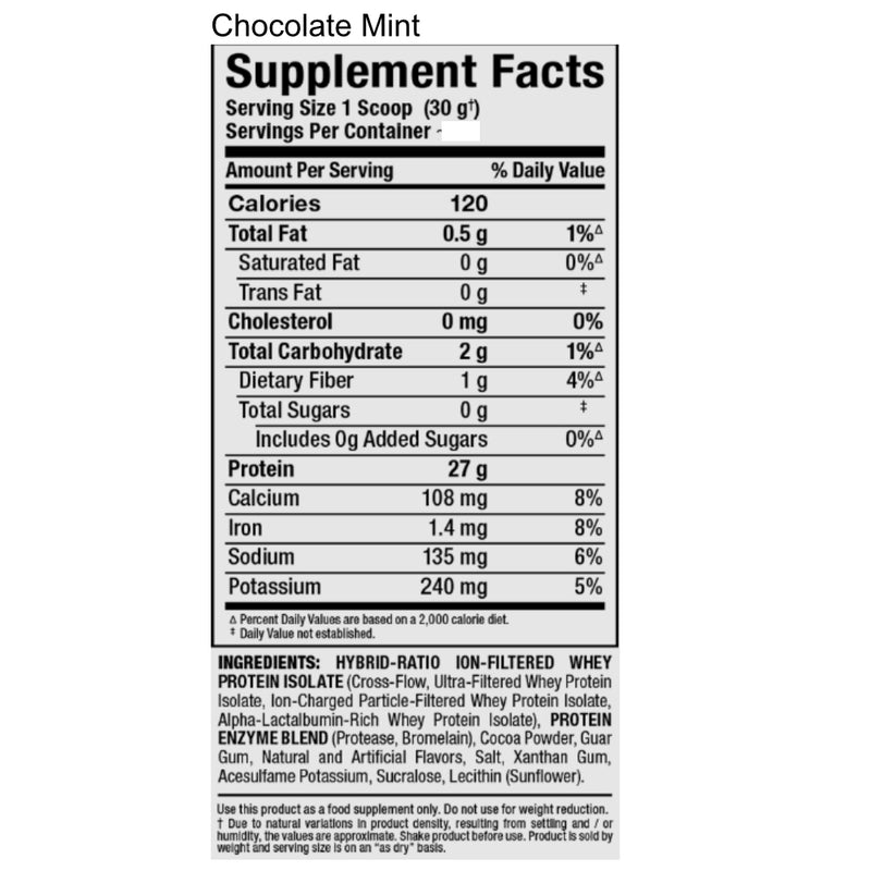 Allmax Nutrition Isoflex 2 lbs Chocolate Mint protein powder supplement facts of ingredients.