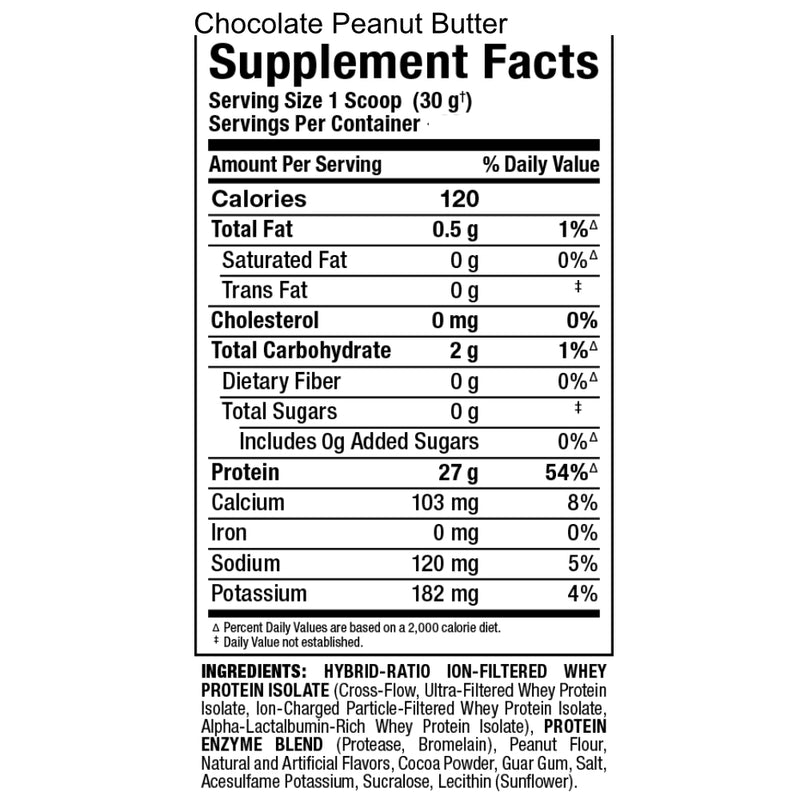 Allmax Nutrition Isoflex 2 lbs Chocolate Peanut Butter protein powder supplement facts of ingredients.