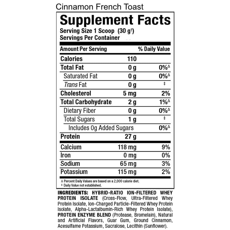Allmax Nutrition Isoflex 2 lbs Cinnamon French Toast protein powder supplement facts of ingredients.