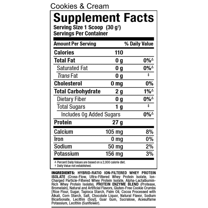 Allmax Nutrition Isoflex 2 lbs Cookies & Cream protein powder supplement facts of ingredients.