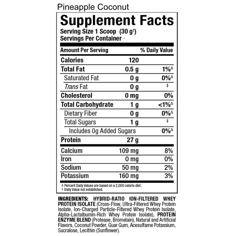 Allmax Nutrition Isoflex 2 lbs Banana Pineapple Coconut powder supplement facts of ingredients.