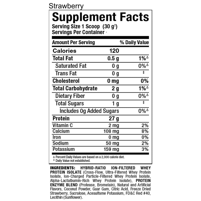 Allmax Nutrition Isoflex 2 lbs Strawberry protein powder supplement facts of ingredients.