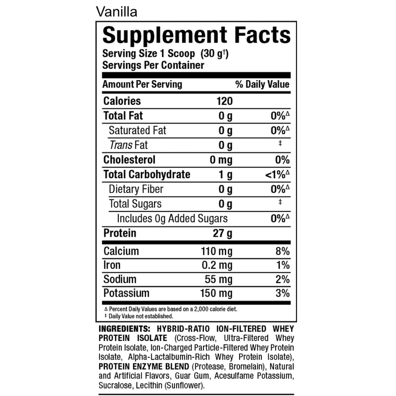Allmax Nutrition Isoflex 2 lbs Vanilla protein powder supplement facts of ingredients.