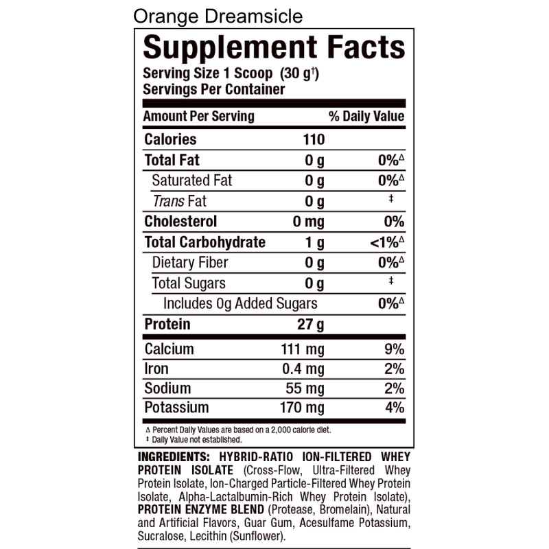 Allmax Nutrition isoflex 5 lbs Orange Dreamsicle protein powder supplement facts of ingredients. Pure whey protein isolate with the most amazing taste!