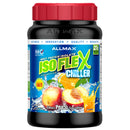 A container of Allmax Nutrition Isoflex Chiller in Citrus Peach flavor, showcasing the product with images of fruits and a splash of liquid, indicating it is a whey protein isolate drink.