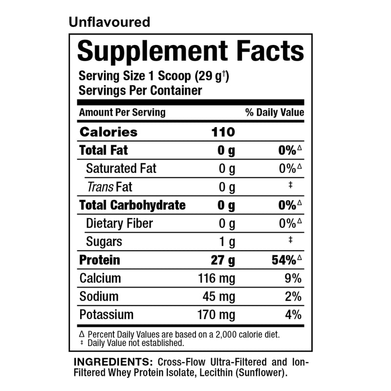 Allmax Nutrition IsoNatural 5 lbs Unflavoured supplement facts of ingredients. With no artificial flavours, ZERO sugar, and no colour added, IsoNatural contains 27 grams of pure isolate whey protein in every scoop. It’s fat free, contains less than 1 gram of carbohydrate, and is 99% lactose free!