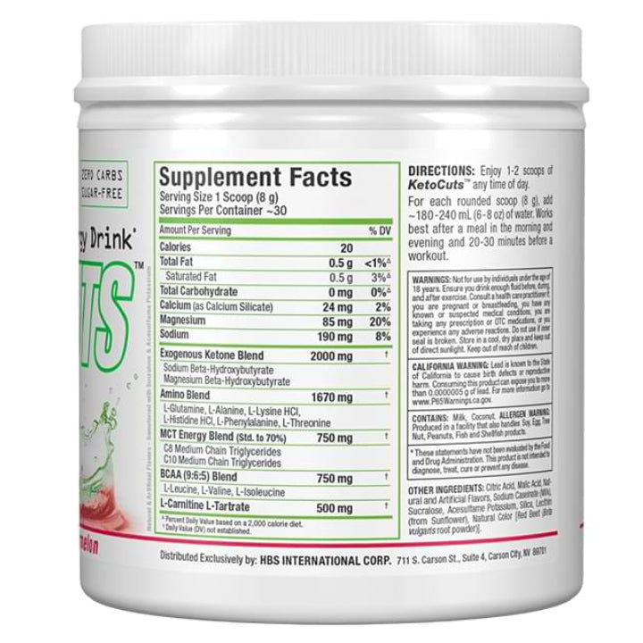 Allmax Nutrition KETOCUTS (30 servings) Watermelon bottle image of ingredients and directions. Ketogenic Energy Drink to help boost ketones and support body fat reduction.