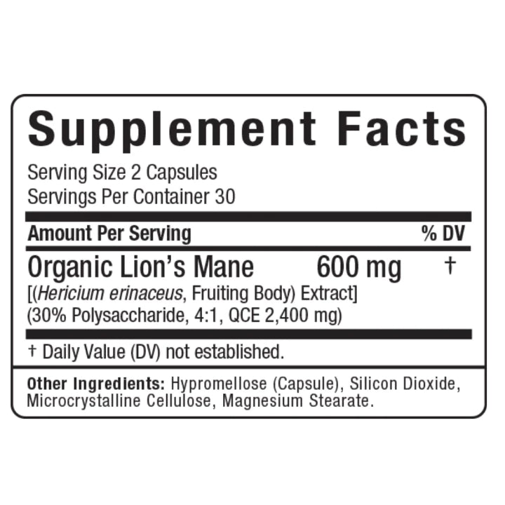 Allmax Nutrition Lion's Mane Extract (60 capsules) supplement facts of ingredients. Highly Advanced Nootropic to Supercharge Your Workout.