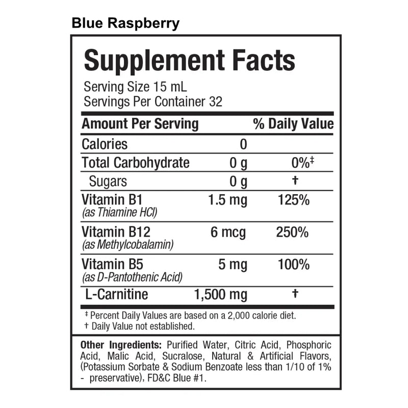 Allmax Nutrition Liquid L-Carnitine (473 ml) Blue Raspberry supplement facts of ingredients. Helps convert fat into energy as a weight loss support.