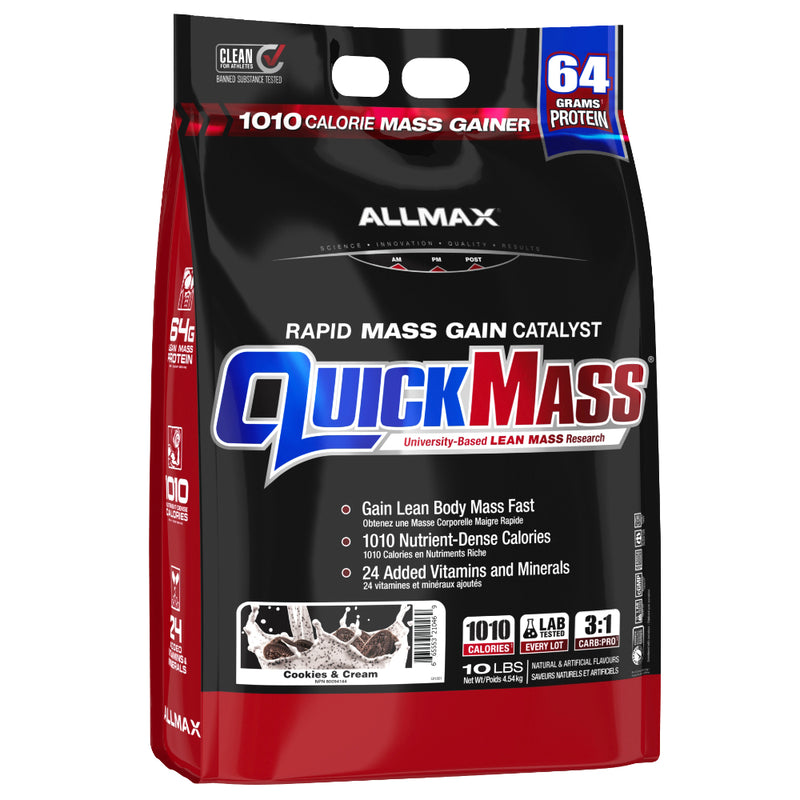 Buy Now! Allmax Nutrition Quickmass (10 lb) Cookies & Cream. QUICKMASS works by providing a precise 1010 calories per serving (four scoops) with custom engineered nutrient matrices that set the gold-standard in lean mass protein.