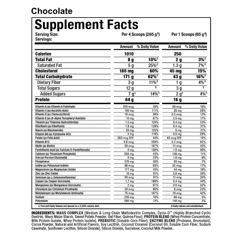 Allmax Nutrition Quickmass (12 lbs) chocolate supplement facts. QUICKMASS works by providing a precise 1010 calories per serving (four scoops) with custom engineered nutrient matrices that set the gold-standard in lean mass protein.