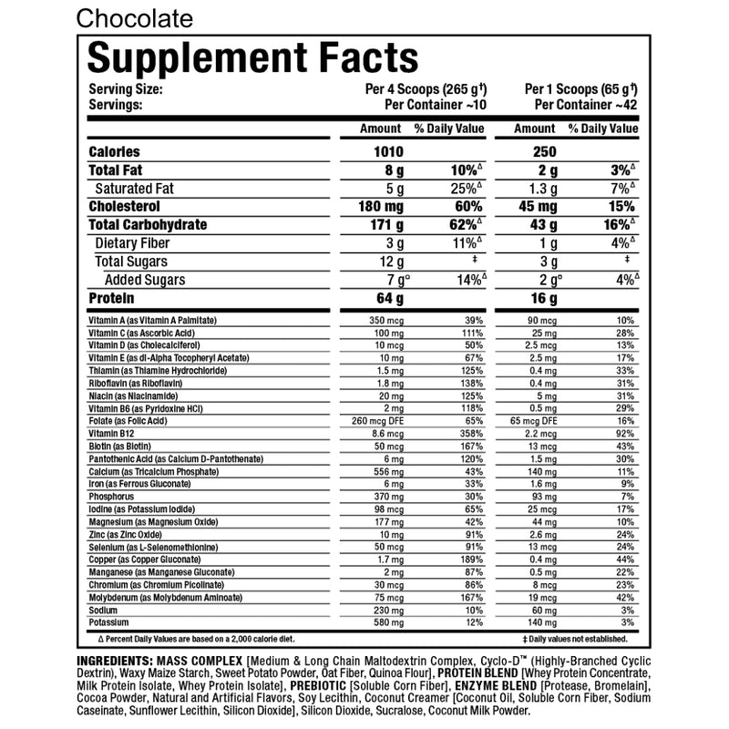 Allmax Nutrition Quickmass (10 lb) Chocolate Supplement Facts of Ingredients. QUICKMASS works by providing a precise 1010 calories per serving (four scoops) with custom engineered nutrient matrices that set the gold-standard in lean mass protein.