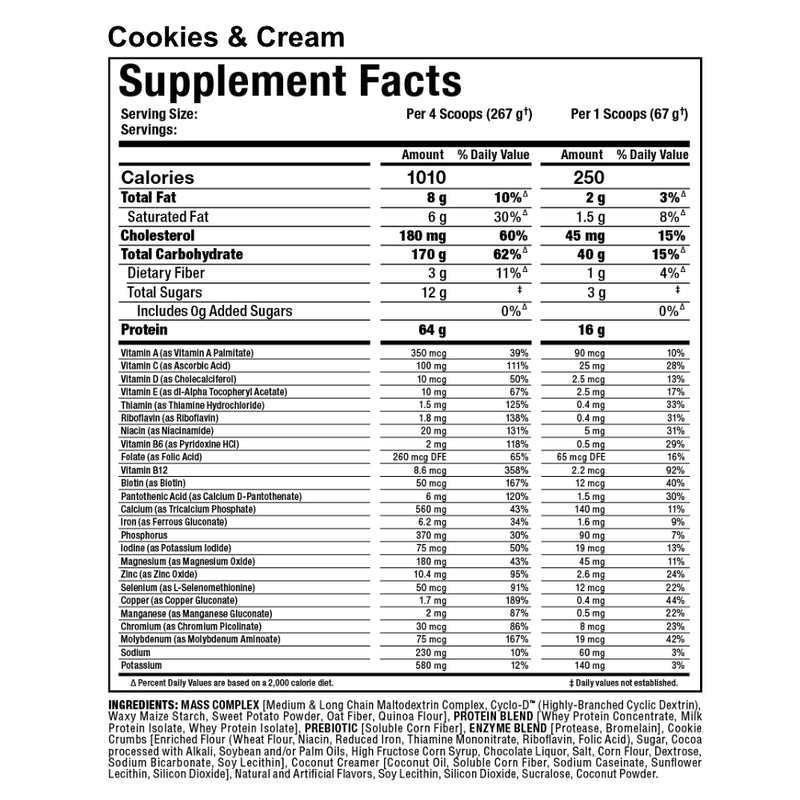 Allmax Nutrition Quickmass (12 lbs) cookies & cream supplement facts. QUICKMASS works by providing a precise 1010 calories per serving (four scoops) with custom engineered nutrient matrices that set the gold-standard in lean mass protein.