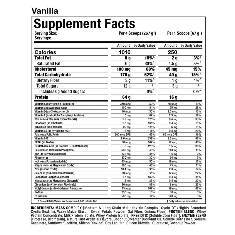 Allmax Nutrition Quickmass (12 lbs) vanilla supplement facts. QUICKMASS works by providing a precise 1010 calories per serving (four scoops) with custom engineered nutrient matrices that set the gold-standard in lean mass protein.